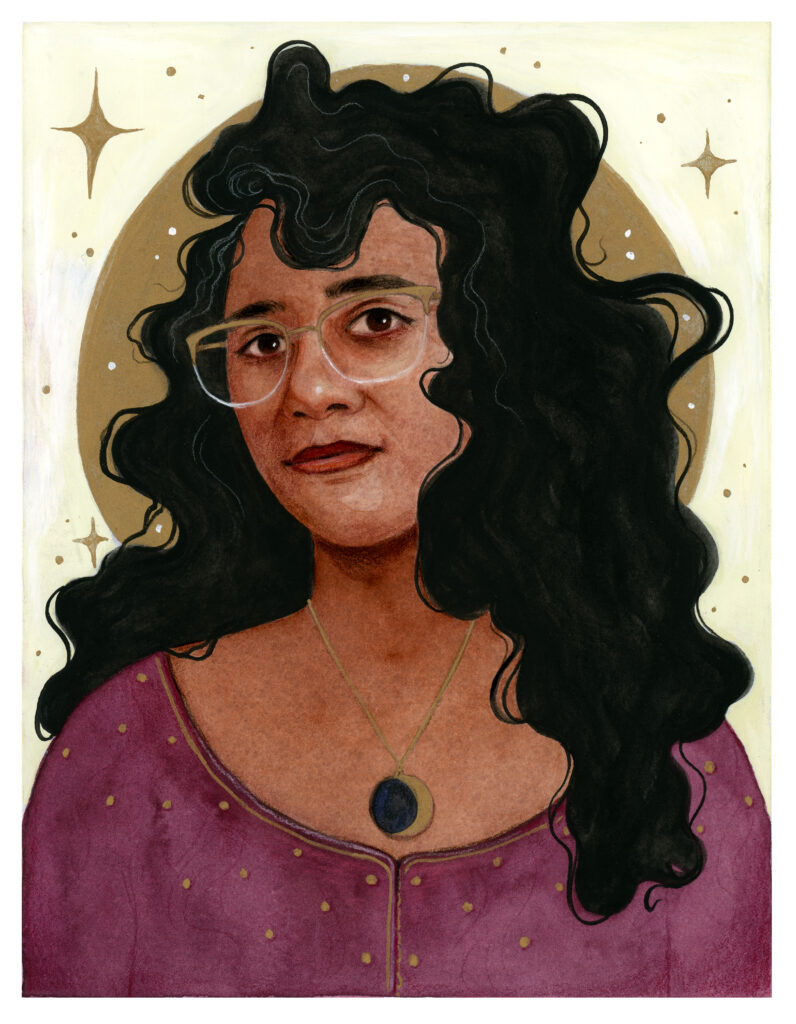 Watercolor illustration of a dark brown skin femme with long black curls streaked with silvers, wearing a maroon lengha top with gold dots. They also wear a locket with a golden crescent moon around their neck and gold glasses. Their face is surrounded by a golden orb; the background is cream colored with sparkles in the distance.