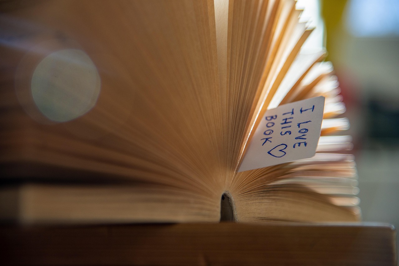 Image of book with bookmark that says I love this book