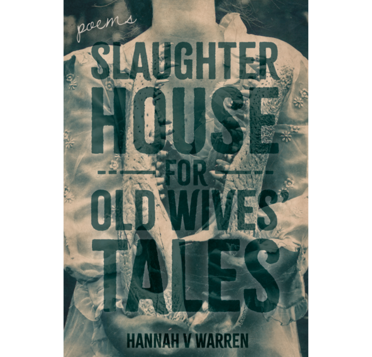 Book cover depicts a figure wearing a lacy dress and holding an alligator skull. The image is cropped such that there is no head and the image is superimposed with the title of the book, "Slaughterhouse for Old Wives' Tales"