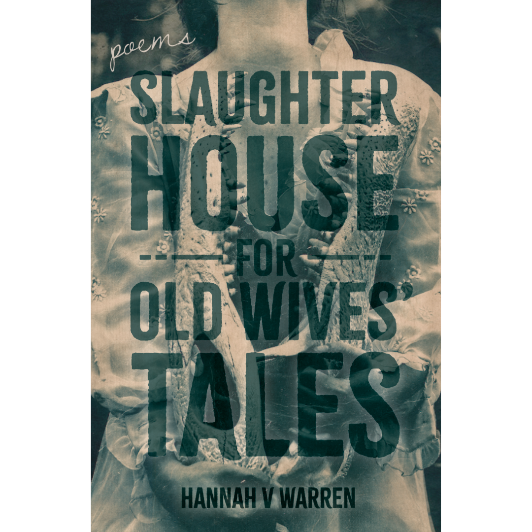 Book cover depicts a figure wearing a lacy dress and holding an alligator skull. The image is cropped such that there is no head and the image is superimposed with the title of the book, "Slaughterhouse for Old Wives' Tales"
