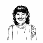Digital illustration of the artist in black on a white background. They are in a sleeveless turtleneck, and their right arm has indications of multiple tattoos. The artist is giving a toothy smile directly to the viewer with half-closed eyes, thick eyebrows, a full moustache, and a curly mullet.