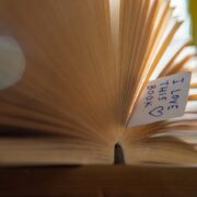 Image of book with bookmark that says I love this book