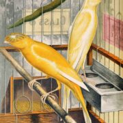 Painting of two yellow birds in a cage